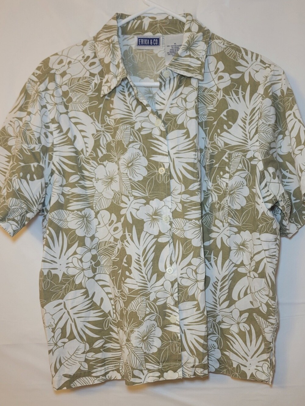 Erika & Co. Women's Short-Sleeve Button-Down Shirt in Olive Cream Floral